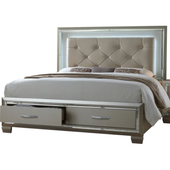 Elegant Glamour: 5-Piece Bedroom Set with Lustrous Platinum Dresser, Crystal and Chrome Handles – A Stunning, Star-Quality Collection to Elevate Your Bedroom Décor