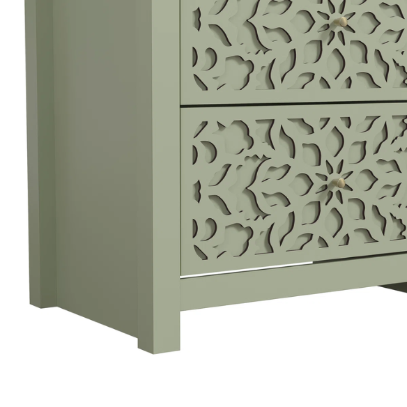 Boho-Inspired 45.4" 6-Drawer Dresser with Distressed Finish and Openwork Floral Details