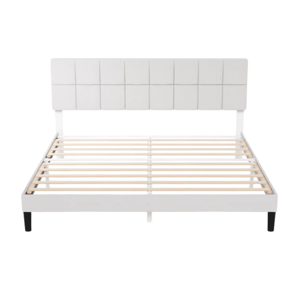 Modern King Size Upholstered Low Profile Platform Bed – Square-Tufted Headboard, Durable Steel Frame