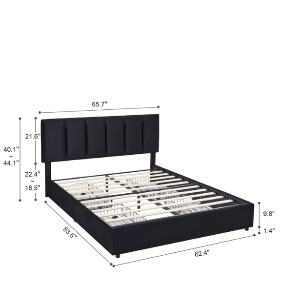 Velvet Upholstered Queen Size Platform Bed with Adjustable Headboard and 4 Storage Drawers
