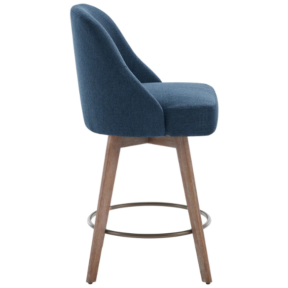Modern Counter Height Swivel Bar Stool – Upholstered Faux Leather/Polyester Blend Seat, Solid Beech Wood Frame, Ergonomic High Back, Bronze Metal Footrest, 300lb Capacity for Kitchen, Bar, or Pub