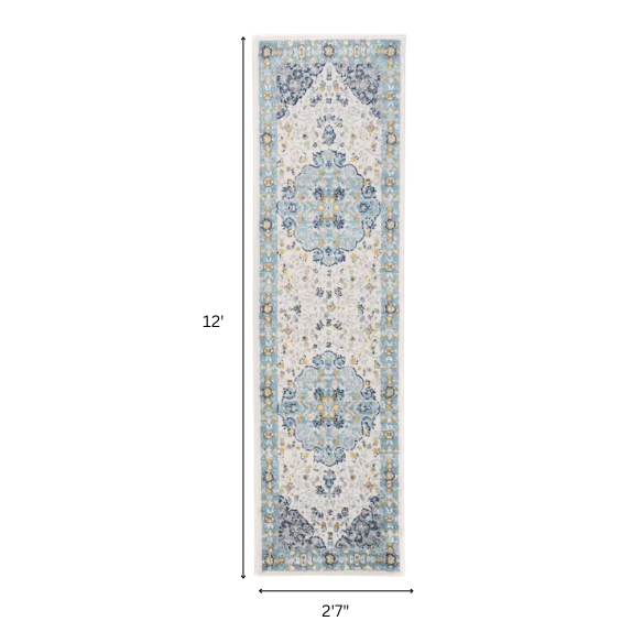 Distressed Oriental-Inspired Indoor Rug – Blue, Yellow & Cream Medallion Pattern, Stain-Resistant, Fade-Resistant, Perfect for Traditional & French Country Décor