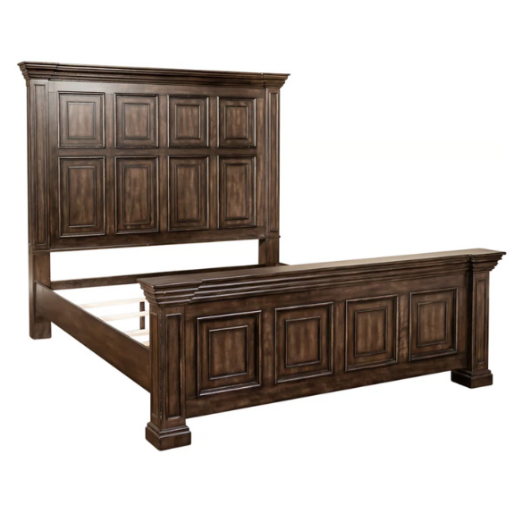 4-Piece Panel Bed, Dresser, Mirror & Nightstand Set with Antique Pewter Accents and Charging Station – Distressed Whitestone Finish, Rubberwood Solids, and Architectural Det