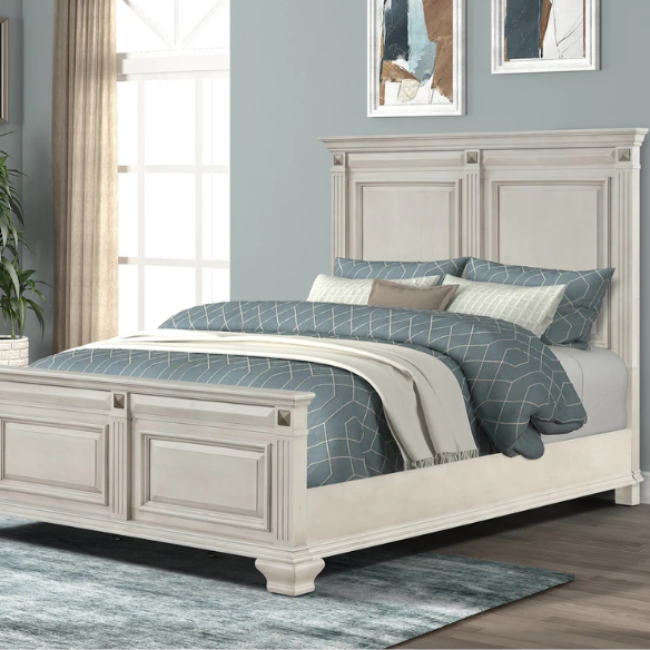 Distressed Parchment Wood Queen Bedroom Set – Elegant Silver Accents, Fluted Pilasters, and Beveled Drawer Fronts for Timeless Charm