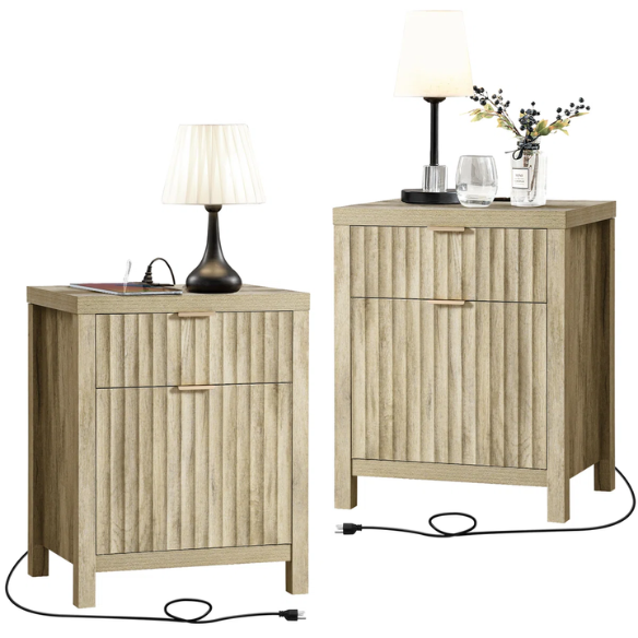 2-Drawer Nightstand with Built-In Outlets – Fluted Panels, Wood Grain Finish, Modern Design, Charging Station with 2 AC Outlets, USB & USB-C Ports, 4.9-Foot Power Cord, Set of 2