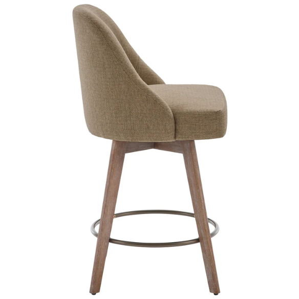 Modern Counter Height Swivel Bar Stool – Upholstered Faux Leather/Polyester Blend Seat, Solid Beech Wood Frame, Ergonomic High Back, Bronze Metal Footrest, 300lb Capacity for Kitchen, Bar, or Pub
