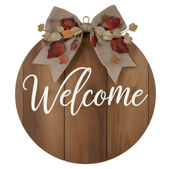 Round Wooden Welcome Sign with Autumn Leaves and Burlap Bow