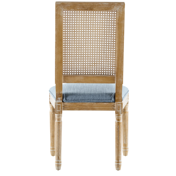 French Country Wood and Cane Upholstered Dining Chairs – Weathered Rubberwood Frame with Fluted Legs & Rectangular Cane Backrest