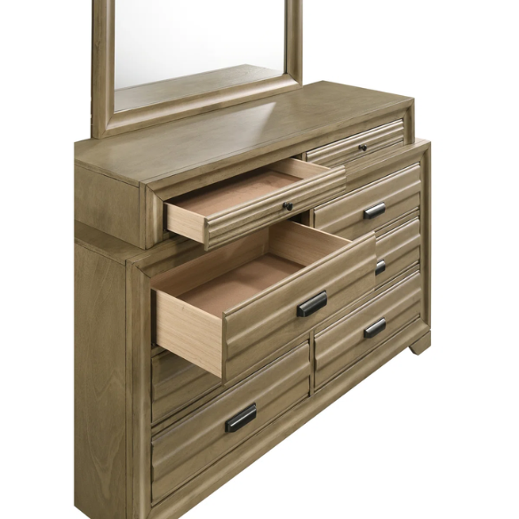 Contemporary Solid Wood 4-Piece Platform Queen Bedroom Set – Storage Bed with Headboard Shelves, Dresser, Nightstand, and Textured Drawer Fronts