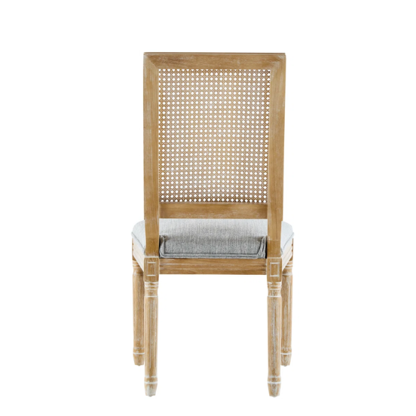 French Country Wood and Cane Upholstered Dining Chairs – Weathered Rubberwood Frame with Fluted Legs & Rectangular Cane Backrest