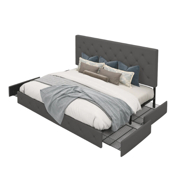 Queen Size Upholstered Platform Storage Bed with Tufted Button Accent Design