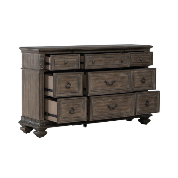 Brown & Beige King Poster Bedroom Set with Dresser, Mirror, Chest & Nightstand – Rustic Hickory Veneers, Sand Linen Upholstery, Antique Brass Accents