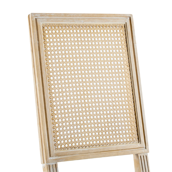French Country Wood and Cane Upholstered Dining Chairs – Weathered Rubberwood Frame with Fluted Legs & Rectangular Cane Backrest