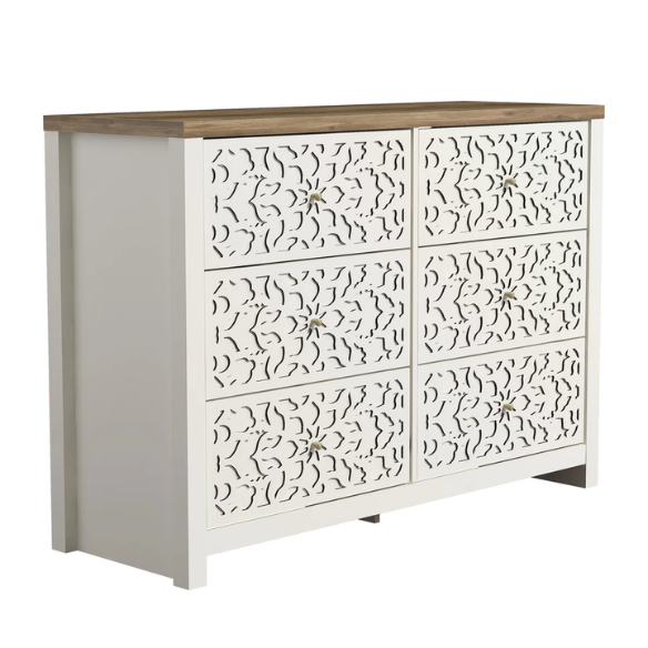 Boho-Inspired 45.4" 6-Drawer Dresser with Distressed Finish and Openwork Floral Details