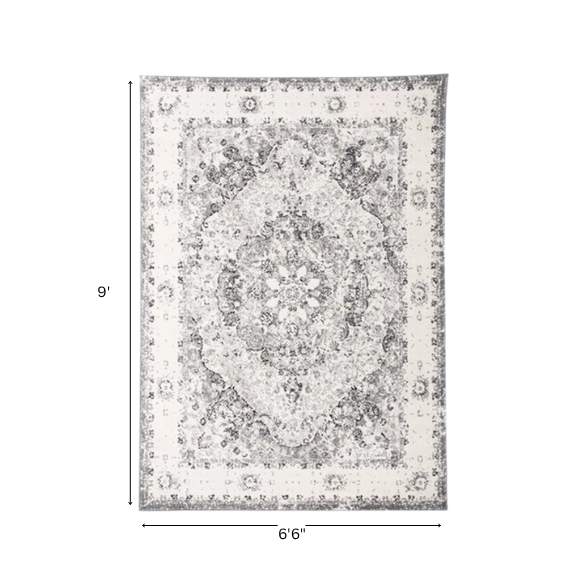 Distressed Oriental-Inspired Indoor Rug – Gray, Silver & Ivory Medallion Pattern, Stain-Resistant, Fade-Resistant, Perfect for Traditional & French Country Décor