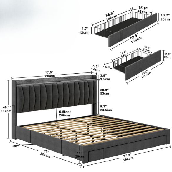 Modern Upholstered King Size Bed Frame with 3 Storage Drawers, Soft Foam Headboard, and Built-in Charging Station