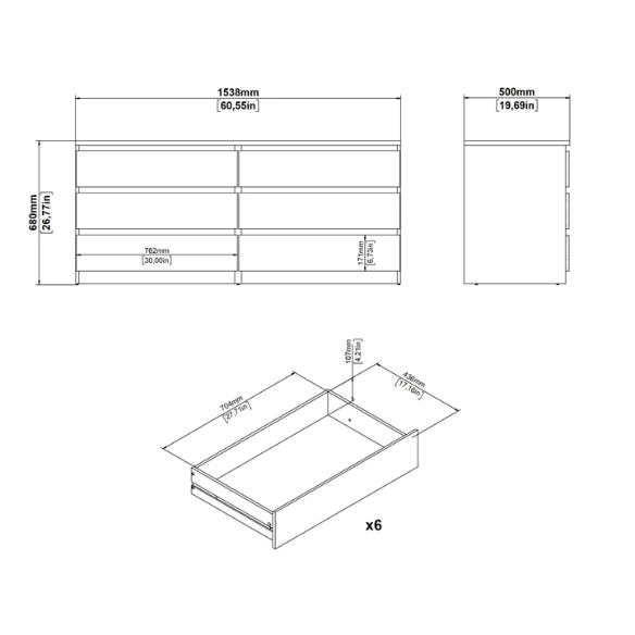 Versatile 60.5" 6-Drawer Double Dresser with Smooth Metal Glides and Clean-Lined Silhouette