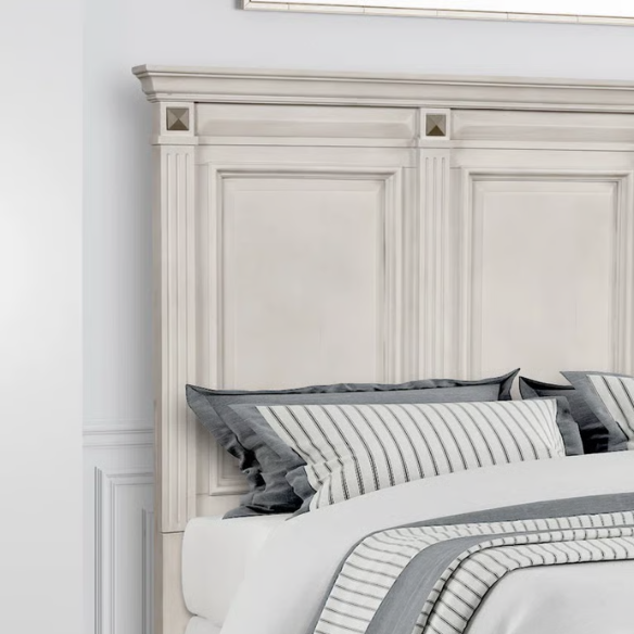 5-Piece King Bedroom Set – Solid Wood Construction with Muted Silver Accents, Fluted Pilasters, French Bracket Foot Bases, and Elegant Dovetail Drawer Detailing for Timeless Sophistication