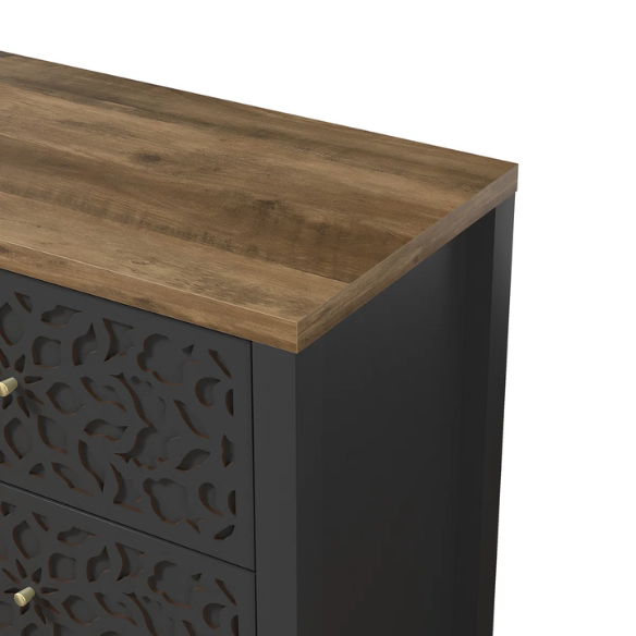 Boho-Inspired 45.4" 6-Drawer Dresser with Distressed Finish and Openwork Floral Details