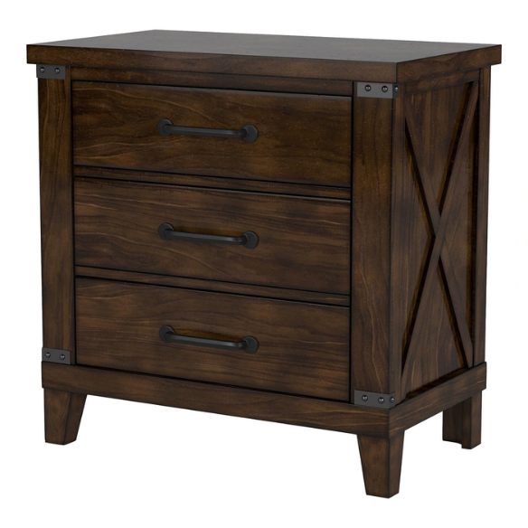 Rustic Dark Walnut 2-Piece King Size Panel Bed and Nightstand Set with X-Shape Accents and Metal Corners