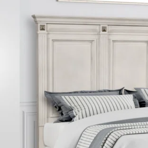 Solid Wood Panel 3-Piece Bedroom Set – Renova Distressed Parchment Wood Panel Bed with Vintage Black Finish, Muted Silver Accents, Fluted Pilasters, and French Bracket Foot Bases – Timeless Traditional Style with Raised Beveled Drawer Fronts