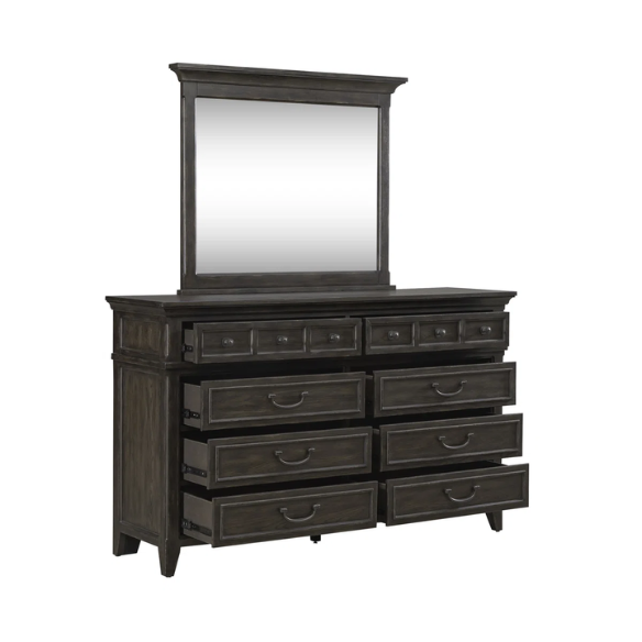 Timeless Queen Bedroom Set with Saddle Brown Panel Bed, Dresser, Mirror, and Antique Pewter Hardware