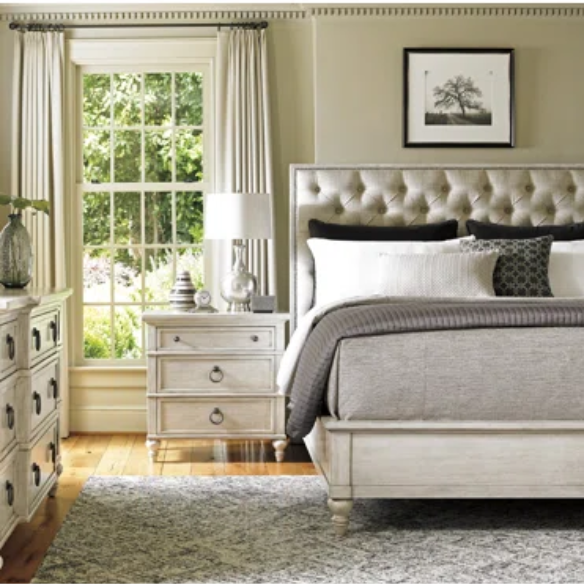 Rustic Panel Configurable Bedroom Set – Classic Meets Modern with Button-Tufted Headboard, Custom Ring Pulls, Media Storage Dresser, and Nailhead Trim Mirror – Includes Bed, Nightstand, Dresser, and Mirror