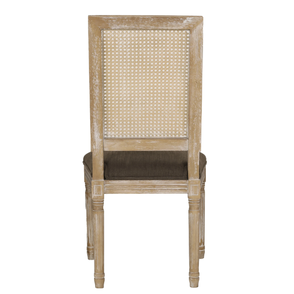 French Country Wood and Cane Upholstered Dining Chairs – Weathered Rubberwood Frame with Fluted Legs & Rectangular Cane Backrest