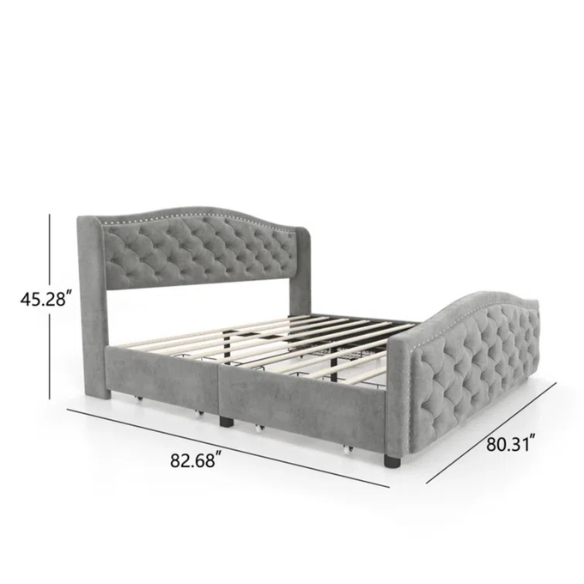 Luxurious King Size Velvet Upholstered Platform Bed with Tufted Camelback Headboard, Nailhead Trim, and 4 Built-In Storage Drawers – Stylish and Functional Bedroom Upgrade