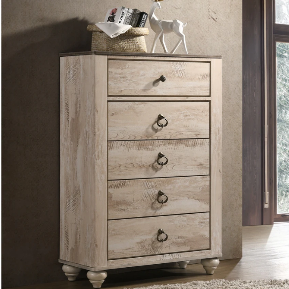 Charming 6-Piece White Wash Finish Bedroom Set with Sleigh Bed, Dresser, Mirror, Nightstands, and Chest – Antique Bronze Accents and Rustic Elegance