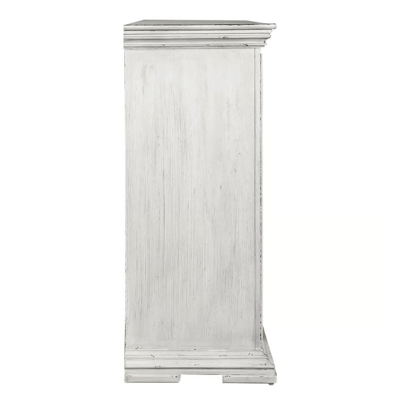 4-Piece Panel Bed, Dresser, Mirror & Nightstand Set with Antique Pewter Accents and Charging Station – Distressed Whitestone Finish, Rubberwood Solids, and Architectural Det