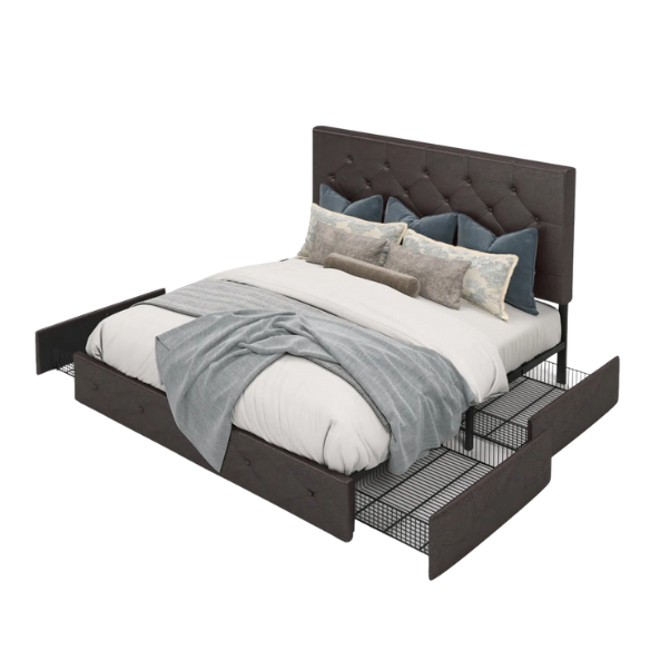 Button Tufted Upholstered Platform Storage Bed – Full Double Size with Spacious Drawers