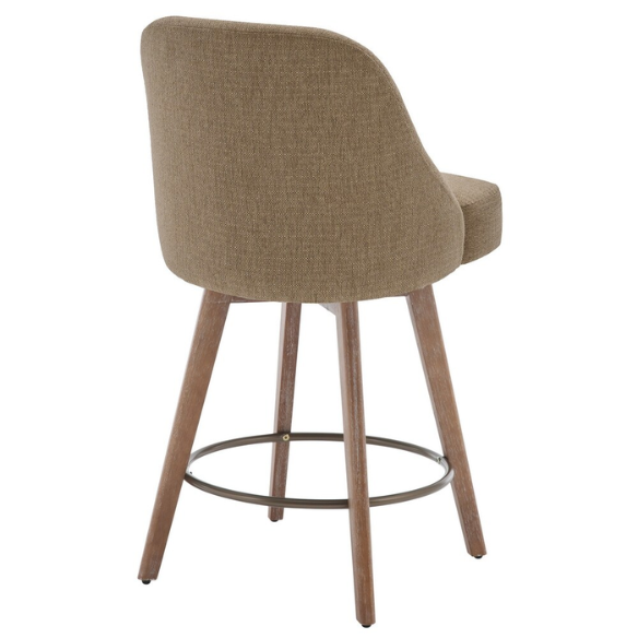 Modern Counter Height Swivel Bar Stool – Upholstered Faux Leather/Polyester Blend Seat, Solid Beech Wood Frame, Ergonomic High Back, Bronze Metal Footrest, 300lb Capacity for Kitchen, Bar, or Pub