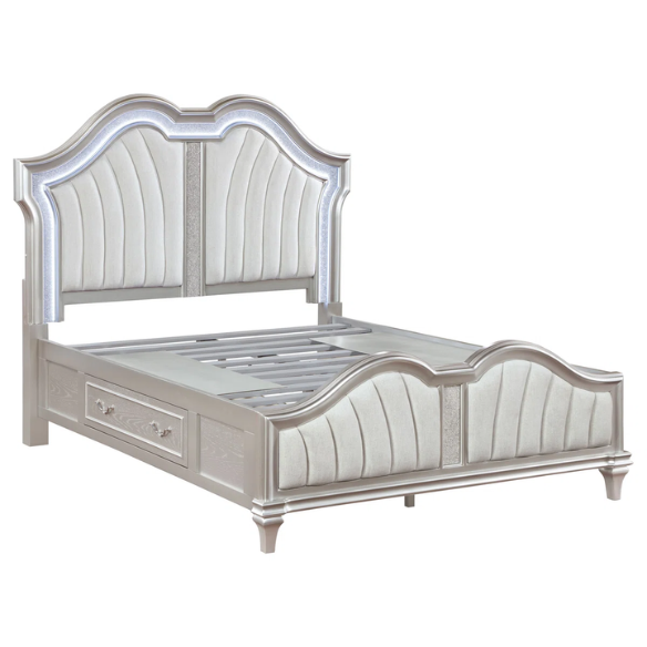 5-Piece Queen Bedroom Set with Silver Oak Finish, LED Lighting, Crystal Accents, and Built-In Storage – Includes Bed, Nightstand, Dresser, Mirror, and Chest