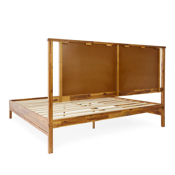 Solid Wood Platform King Size Bed with Headboard and Sturdy Steel Frame, Rustic Design