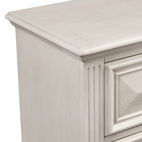 Distressed Parchment Wood Bedroom Set with Panel Bed, Dresser, Mirror, and Nightstand, Featuring Silver Accents and Fluted Pilasters