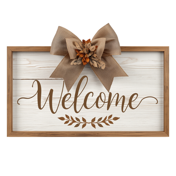 Charming rectangular Rustic Whitewashed Welcome Sign with Burlap Bow