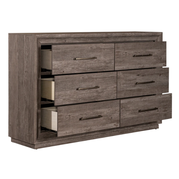 Modern Greystone 4-Piece King Storage Bed, Dresser, Mirror & Nightstand Set with LED Lighting, Built-In Charging Station, and Brushed Nickel Hardware – Floating Panel Headboard and Plinth Base