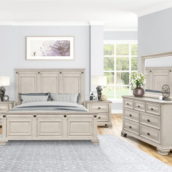 Distressed Parchment Wood Queen Bedroom Set – Elegant Silver Accents, Fluted Pilasters, and Beveled Drawer Fronts for Timeless Charm