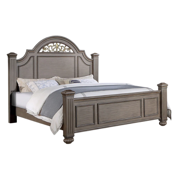 Elegant Traditional 5-Piece Grey Wood Poster Bedroom Set with Fluted Columns, Carved Floral Accents, and Bell-Shaped Headboard