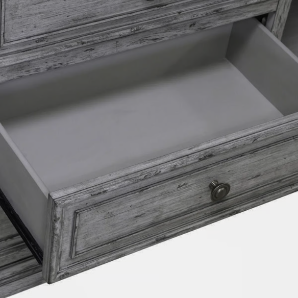 4-Piece Panel Bed, Dresser, Mirror & Nightstand Set with Antique Pewter Accents and Charging Station – Distressed Whitestone Finish, Rubberwood Solids, and Architectural Det