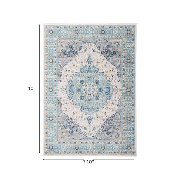 Distressed Oriental-Inspired Indoor Rug – Blue, Yellow & Cream Medallion Pattern, Stain-Resistant, Fade-Resistant, Perfect for Traditional & French Country Décor