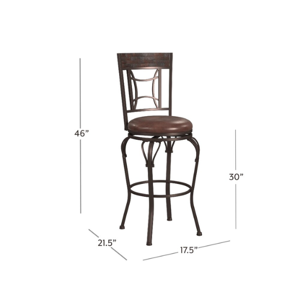 Metal Swivel Stool – Dark Chestnut Finish with Distressed Wood Rail, Geometric Back Design, Antique Brown Faux Leather Seat, 360° Swivel, Counter & Bar Height Options