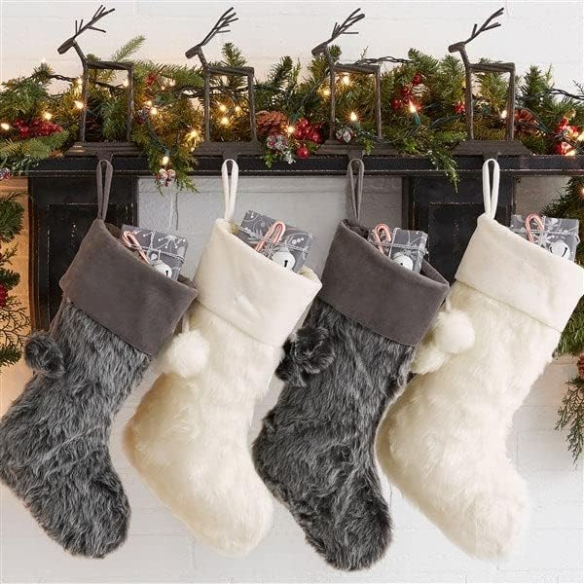 Weathered Grey Faux Fur Christmas Stocking – Personalized Farmhouse Holiday Décor