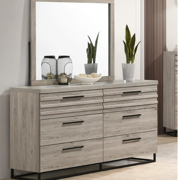 Upholstered 5-Piece Bedroom Set with Weathered Gray Finish, LED Piers, and Functional Storage