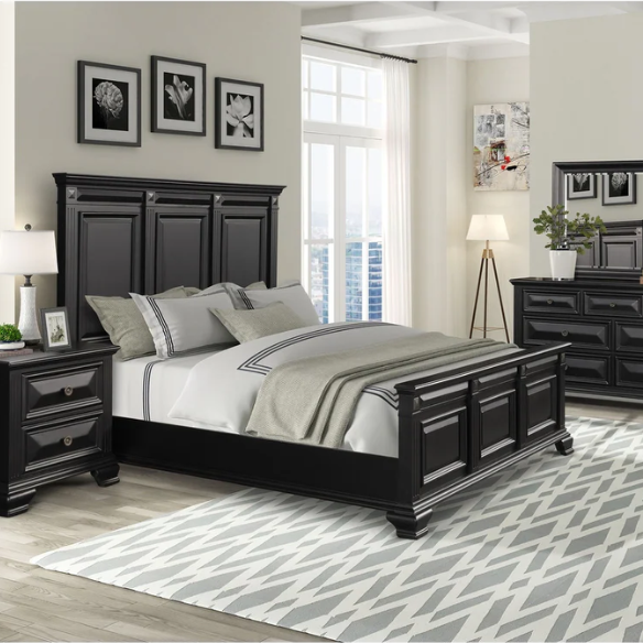 4-Piece Vintage Black Wood Panel Bedroom Set with Distressed Parchment Finish – Traditional Elegance with Silver Accents, Beveled Drawer Fronts, and Brass Rosette Knob Hardware