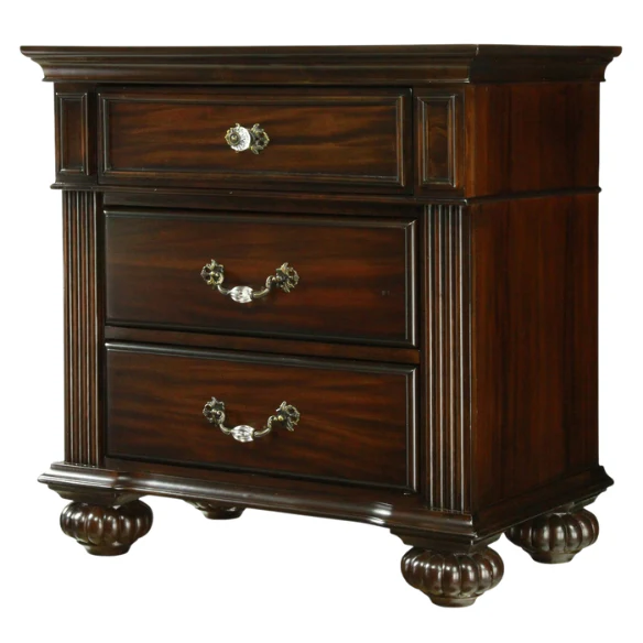 Elegant Traditional 4-Piece Walnut Wood Poster Bedroom Set with Floral Carved Headboard and Fluted Detailing