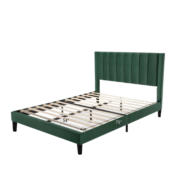 Luxurious Upholstered Platform Bed – Full/Double Size with Velvet Upholstery and Striped Headboard for Elegant Comfort