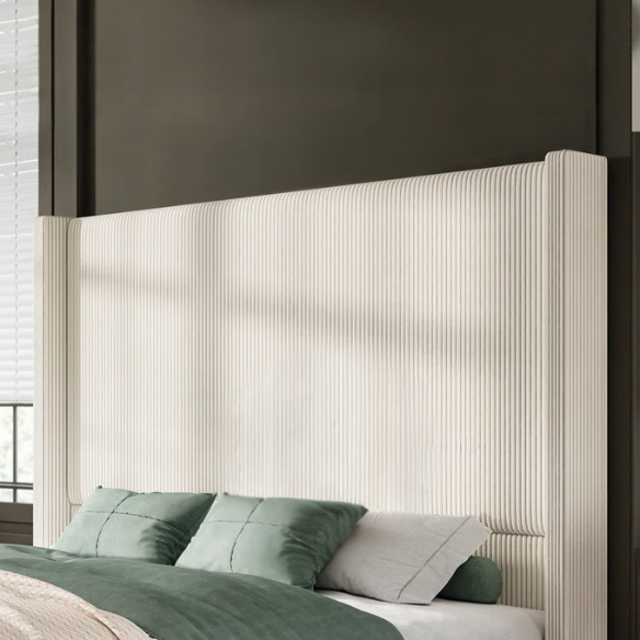 Queen Size Upholstered Wingback Platform Bed in Ribbed Corduroy Fabric