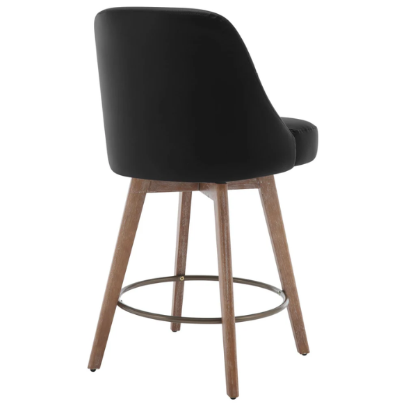 Modern Counter Height Swivel Bar Stool – Upholstered Faux Leather/Polyester Blend Seat, Solid Beech Wood Frame, Ergonomic High Back, Bronze Metal Footrest, 300lb Capacity for Kitchen, Bar, or Pub